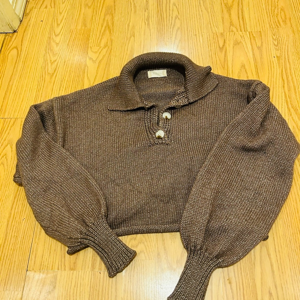 Brown Knit Cropped Sweater with Button Collar sz XS